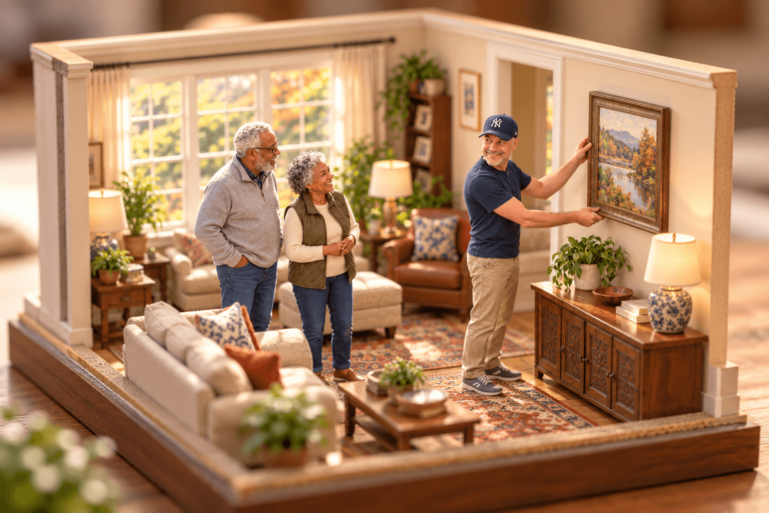 Miniature living-room scene of Matt hanging a painting while an older couple looks on.